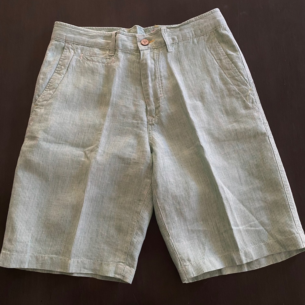 Tommy Bahama Relax Mens 32 Green White Pinstripe 100% Linen Shorts Summer Casual